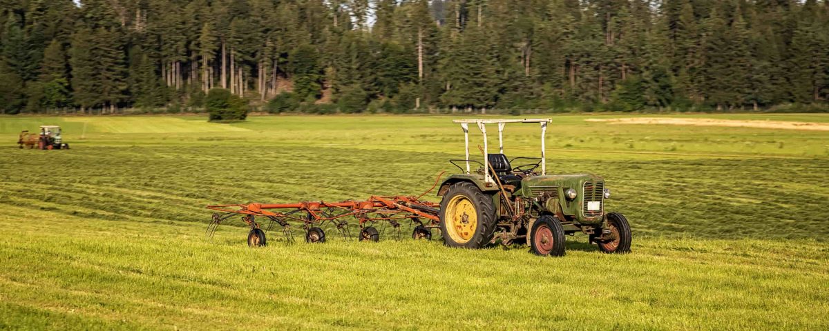 tractor en mitad de campo y bosque al fondo.