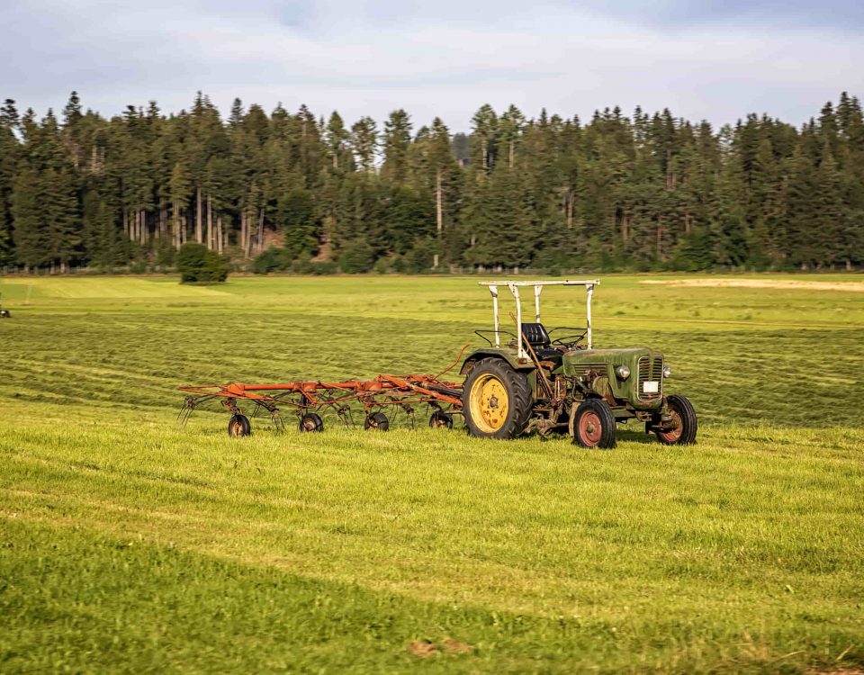 tractor en mitad de campo y bosque al fondo.