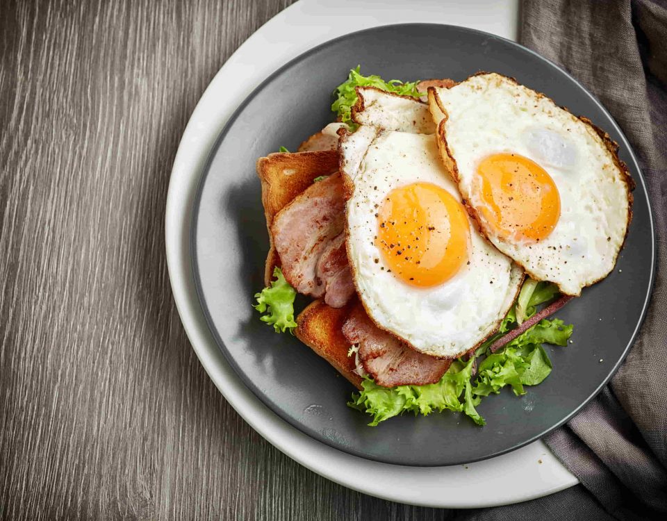Imagen de un plato con huevos fritos, Bacon y lechuga